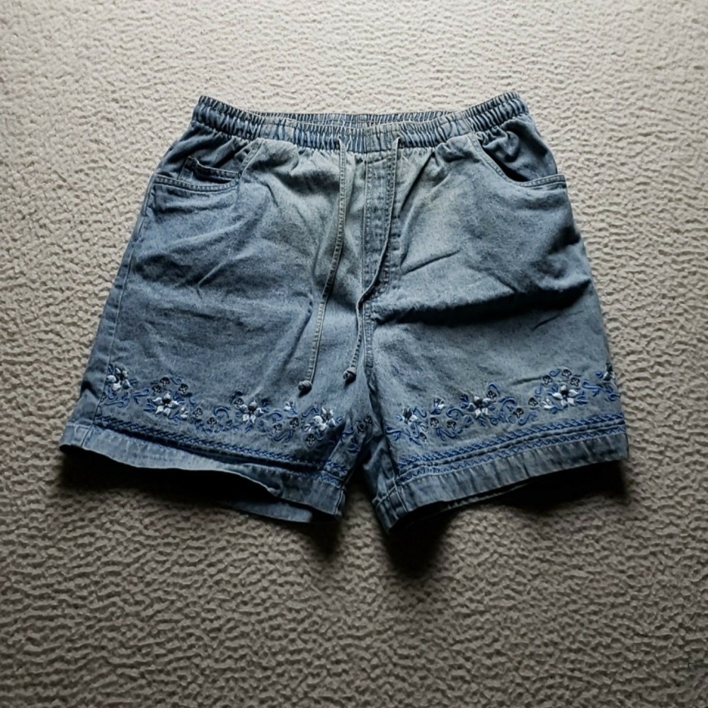 Paradise Bay Bermuda Shorts Womens 12P Blue Denim Embroidered Elastic Waist